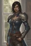 Placeholder: beautiful female, half elf, black silky straight shoulder length hair, blue leather armor with white accessories, holding a rapier, rapier sheath on hip, brown travelling boots, standing near window, plant on pot, brown dark eyes, realism