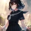 Placeholder: Clear focus, High resolution, fluffy black short hair, dark green eyes, wearing a black sailor uniform and pleated black skirt, fluffy hair, detailed outfit