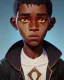 Placeholder: Portrait of a handsome black skinned toddler warlock boy with dark hair by Jim Kay