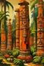 Placeholder: An orange colored jungle with an arena designed in pacific Northwest totem poles painted by Gustave Courbet