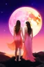 Placeholder: İki yakın arkadaş biri pembe ve diğeri mor elbise giyiyor sırt sırtalar ve önlerinde küçüklükleri var arkaplan olarak ay ve güneş karışımı bir gezegen