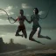 Placeholder: Two women skipping with a rope, demons and angry gods fight in the background, in the style of a Michael Moorcock book cover.