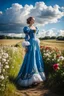 Placeholder: fullbody girl makeup wearing a victorian dress walking in country side ,flowers ,pretty clouds in blue sky