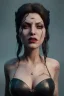 Placeholder: Trish Status as evil queen in black leather, leather, busty, cleavage, angry, rage, stern look. character design by cory loftis, fenghua zhong, ryohei hase, ismail inceoglu and ruan jia. unreal engine 5, artistic lighting, highly detailed, photorealistic, fantasy