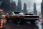 Placeholder: photo of a retrofitted cyberpunk 1969 Dodge Charger model with (heavily battered:1.6) and rusty body, special assembly parts fitted to the hood and roof, (black windscreens:1.7), thin LED headlights and rusty dark rims, menacing car style, cyberpunk city scene in background, towering skyscrapers, heavy rain