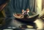 Placeholder: strong mouse rowing in boat, in forest by stream, book illustration, fine detail, 4k, trending, volumetric light, depth of field