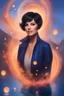 Placeholder: 3D Bubbles, Floating hearts with an electrical current, fog, clouds, somber, ghostly mountain peaks, a flowing river of volcanic Lava, fireflies, a close-up, facial portrait of a totally gorgeous Marie Osmond with short, buzz-cut, pixie-cut Black hair tapered on the sides, wide open, cobalt blue eyes, smiling a big bright happy smile, wearing a hoodie over a red bikini, in the art style of Boris Vallejo