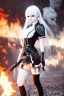 Placeholder: close-up gothic anime girl, white hair, tight outfit with gun on thigh, standing on a train track, smoke and fire surroundings, she is dull and dark, looks determined , train approaching behind her, poeti style