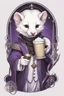 Placeholder: (anthropomorphic white ferret),dressed in ((cleric fantasy)) black and purple clothes with silver holy ornaments, realistic anatomy, fantasy tavern on background, mage and holy symbols around, serious face, hold cup of coffe, tired face, in the style of LOISH