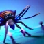 Placeholder: close up of a large hairy blue spider smiling and playing chess, photorealistic, blender render, wide angle lens, 4k, two birds, jungle,