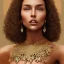 Placeholder: movie poster of conely with curly hair and crystal necklace trying dress focus on upper body and face, brown background