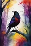 Placeholder: A beautiful colorful young black bird in dark red and purple and yellow trees and dark green and dark blue colors only, thin lines draw style , Busch painting style nightmare with sunshine in the middle, watercolors splash