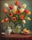 Placeholder: A painting of beautiful colorful tulips bouquet in a vase, Van Gogh Style, full frame, facing frontal, with very detailed red machine components, cream background, cream colour background, bright background landscape, ornate, intricate, complex, highly detailed, digital painting, smooth, art by tom bagshaw, akihiko yoshida, highly detailed, realistic, Van Gogh