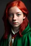 Placeholder: A girl with red hair and green eyes and she is wearing a Hogwarts robe