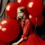 Placeholder: Autochrome, cute model child with long hair, in red, covered with balloons