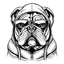 Placeholder: line art drawing of a bulldog wearing a hoodie with sun glasses. The hoodie has the outline shape of a bulldog. black and white, no background