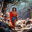 Placeholder: [Jason and the Argonauts (1963)] In the heart of a bustling Gypsy encampment Svetlanathe charismatic Gypsy Leader, sits beneath a brightly colored canopy. Her dark eyes, filled with wisdom and authority, scan the surrounding commotion. As the Gypsy Guide, Raul, approaches her with a determined stride, she senses his urgency and beckons him to join her.