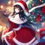 Placeholder: Clear focus, high resolution, black long fluffy hair, red eyes, wearing a chrimstas outfit, wearing a red short skirt, wearing a santa hat