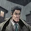 Placeholder: a closeup of a bored psychopath in a heavy coat during a rainstorm cartoon