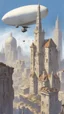 Placeholder: A small futuristic city in the ruins of an old building, blue sky, in the style of Gerald Brom and John Berkey, a large blimp floats above buildings, a house is made from concrete blocks, there is graffiti on walls, several tall towers with white spires tower over the scene. --ar 91:128 --v 6. 0