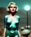 Placeholder: Ultra Realistic retro sci-fi 1960 scene, waist up view portrait, blonde woman, sweet young Marilyn Monroe face, perfect iris, tight latex coat, alien planet background, tight style, steel sphere dron levitating, fog, rain, soft color, highly detailed, unreal engine 5, ray tracing, RTX, lumen lighting, ultra detail, volumetric lighting, 3d, finely drawn, high definition, high resolution.