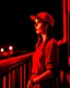 Placeholder: woman with a red baseball hat. leaning on a wooden balcony. night time. fantasy. medieval.