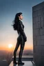 Placeholder: Photo Of A slim Woman With Black Hair, Wearing an android-looking suit, standing sideways On a ledge of a building, with a waning moon Behind Her Head, sunset