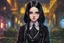 Placeholder: wednesday addams in 8k 2D anime realistic drawing style, Gothic them, neon effect, close picture, rain, highly detailed, high details, detailed portrait, masterpiece,ultra detailed, ultra quality