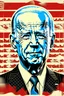 Placeholder: stylized stencil portrait of Joe biden in solid red, beige and (light and dark) blue with the mandarin character for obey overlaid on the bottom