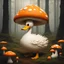 Placeholder: Bipedal creature resembling a giant Duck with cream feathers and black eyes with a giant mushroom cap that is orange with orange-yellow spots in a mushroom forest in folk art style