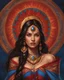 Placeholder: native american young female, gorgeous, attractive, brunette, curly shoulder length hair, conjuring ball of fire, blue exquisite detailed high noble dress, noble red shawl, gold earing, long one piece detailed skirt, exquisite eyes, realism, realistic