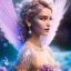 Placeholder: enlighten, light pink pink colors, beautiful woman of happy smiling blond bright fairy with wings, crystals, blue silk dress, blue sky, flowers landscape all colors , water river . 8 K, fantasy