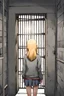 Placeholder: anime style, blonde teenage girl inside a grey concrete prison cell, not facing the viewer, her back is visible, standing near the closed, barred door, there is a corridor behind the barred door, bed and window visible inside the cell, picture taken inside the cell, facing the exit
