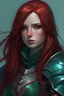 Placeholder: {{Woman}}, Female, Fair Complexion Skin Tone, Long Hair, Dark Red Hair, Adult, {{Perfect blend of Rose Dewitt Butaker+Madelaine Petsch}}, {{Emerald Green Eyes}}, Blue Cloth Armor, Digital Art