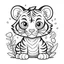 Placeholder: cute tiger, black and white, white background, clean lines, coloring page for kids