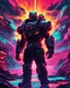 Placeholder: Doom Guy immersed in a vibrant synthwave dreamscape, neon chaos swirling energetically around pixelated forms, a dynamic fusion of retro gaming nostalgia and futuristic abstraction