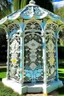 Placeholder: magic carved gazebo, garden, flowers, butterflies, colors: snow-white, silver, milky, mint, glaze, pearl, turquoise, cream, mother-of-pearl, dawn: sfumato, complex abstraction in the style of Dali