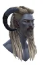 Placeholder: A tieffelin with blue skin and white Dreadlock hair. His pupil-less eyes are green. He wears a small beard.