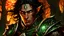 Placeholder: A realistic dark-haired elf with brilliant emerald green eyes, wearing studded leather armor adorned with silvery arcane symbols, and with an open flame dancing in his hand. The background is a dark and forbidding forest.