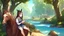 Placeholder: Girl, horse hoof foot, brown hair, horse hoof hand, forest, river, sit, small house