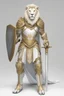 Placeholder: Lion man knight wearing white and gold armor, wearing a white and gold cape, holding a large sword and shield
