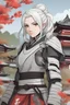 Placeholder: Young woman with white hair, pale gray eyes, wearing samurai armor, Japanese garden background, RWBY animation style