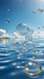 Placeholder: bubbles floating over water with blue sky, stock photography