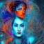 Placeholder: a beautiful and colorful facing portrait of one cyber punk woman shiva in 3D rendering with a mandala background blue and orange color scheme