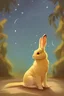 Placeholder: storybook illustration of a yellow bunny dressed in greek clothes gazing at the stars