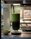 Placeholder: filling the frame we are looking into a tank filled with matcha green bubble tea, dark tapioca pearls along the bottom against the glass, ice floating at top, no fish, no outside of tank