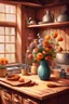 Placeholder: vintage wooden kitchen, flowers in vase and kitchen tools, digital illustration, digital painting, oil painting, concept art, cartoon artwork