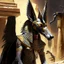 Placeholder: A scene from Egyptian mythology. The jackal god Anubis. He has the body of a human and the head of a hawk.