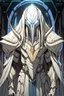 Placeholder: Anime alien villain character with white skin, huge , evil, smart,too much modern armour and wearing a robe cover half of his head , aged thousand years