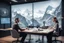 Placeholder: A podcast scene featuring a man and a woman engaged in a lively discussion about AI in finance. The setting is a modern studio with microphones and headphones setup in Swiss mountains. The backdrop showcases elements related to Robotic, satellites, mathematics, language models. The atmosphere is professional yet friendly, reflecting a workshop vibe